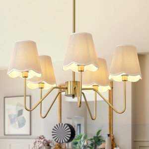 BAOURE 5-Light Boho Farmhouse Chandelier 32″ Coastal Pendant Light with Hand-Woven Fabric Shade,Rustic Gold Light Fixtures for Dining Room Living Room - 1 of 4