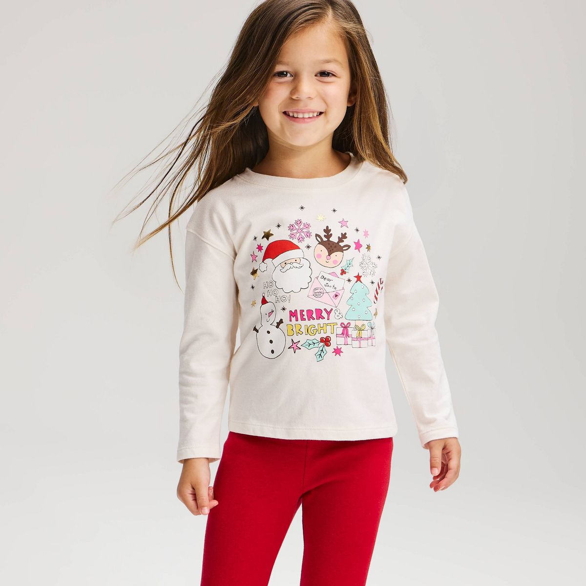 Toddler Girls' Oversized Long Sleeve Holiday Santa T-Shirt - Cat & Jack™ Cream