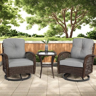 FURNIinspire Patio Seating Sets 3 Pieces Outdoor Rocking Swivel Chair Set, Patio Rocking Chair With Cushion And Coffee Table, Gray, 25“*29”*34“