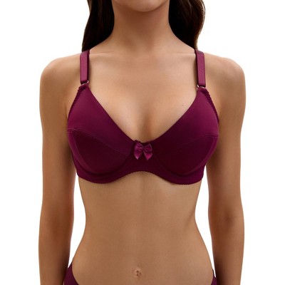INSPIRE CHIC Women's V Neck Back Hook Adjustable Strap Bow Decor Front Underwire Push-Up Bras Dark Red 42D