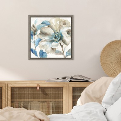 Indigo and Gold Floral Watercolor Canvas Print with Gray Frame