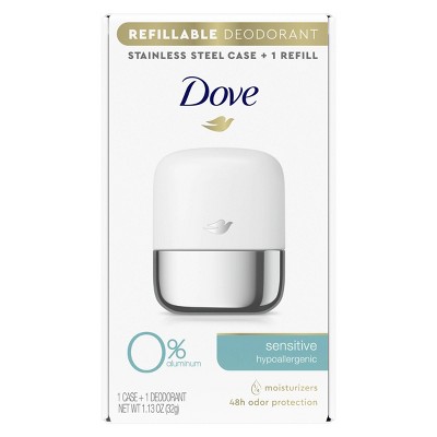 Dove Beauty 0% Aluminum Sensitive Skin Refillable Deodorant Stainless Steel Case + 1 Refill - 1.13oz