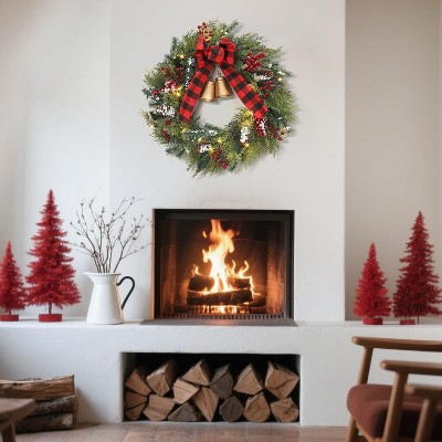 24 Inch Lit Christmas Wreath with Bells & Bow, Christmas Decorations 20 Red & Green LED Lights with 8 Modes, Holiday Decor for Front Door