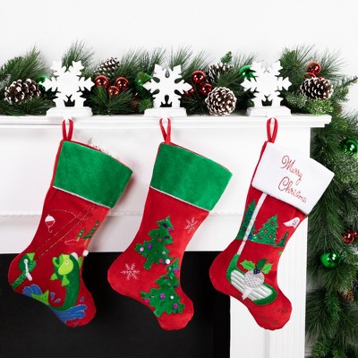 20" Red Velveteen Christmas Stocking with Green Cuff and Sequins