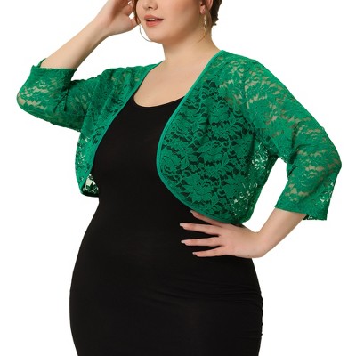 Agnes Orinda Women's Plus Size Sheer Cardigan 3/4 Sleeves Floral Lace Crop Shrug