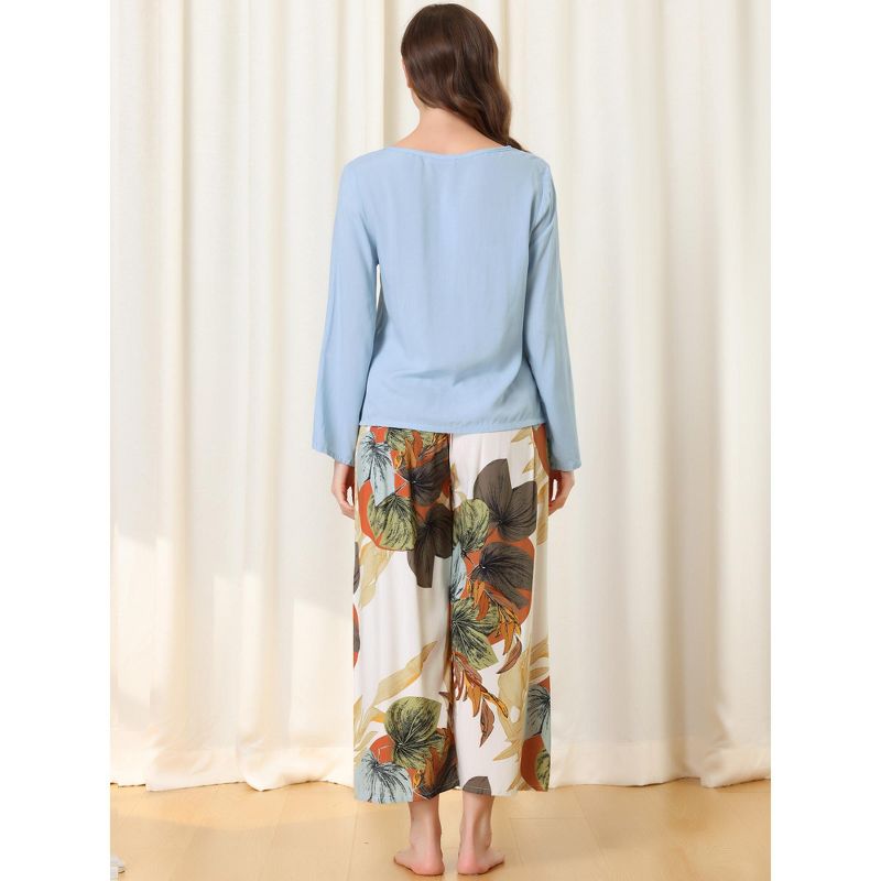 cheibear Womens 2pcs Long Sleeve Capri Pants Floral Lounge Set Sleepwear Pajama Sets, 3 of 6