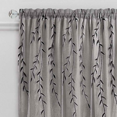 Gray 63" Embroidered Floral Sheer Curtains with Organza Overlay