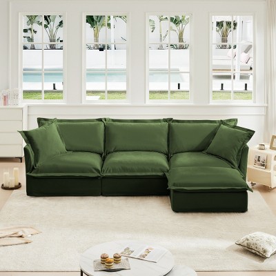 Slipcovered Sectional Sofa, 3 Seater Sofa with Removable Cover, Sofa Couch with Ottoman, Chenille Fabric Sectional Sofas-Cuddlewood