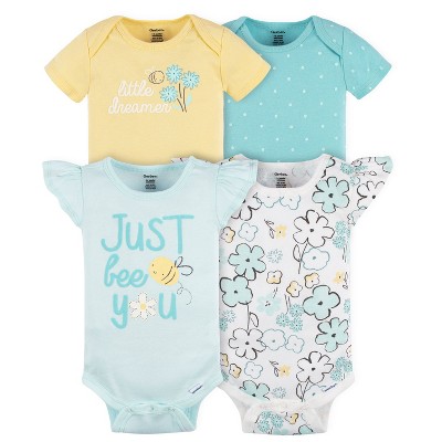 Image of Onesies® Brand Baby Girls Short Sleeve Bodysuits, 4-Pack, Bee Pedals, 6-9 Months