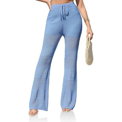 Wikineon Womens Beach Cover Up Pants Boho Crochet Knit High Waist Drawstring Sheer Hollow Swim Pant Swimwear