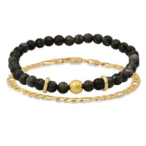 Steeltime Men's 14k gold plated sterling silver and gray agate beaded stretch and figaro chain bracelet set - 1 of 4