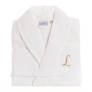Linum Home Textiles 100% Turkish Cotton Unisex Personalized Waffle Weave White Bathrobe in Gold Script Font - 1 of 1