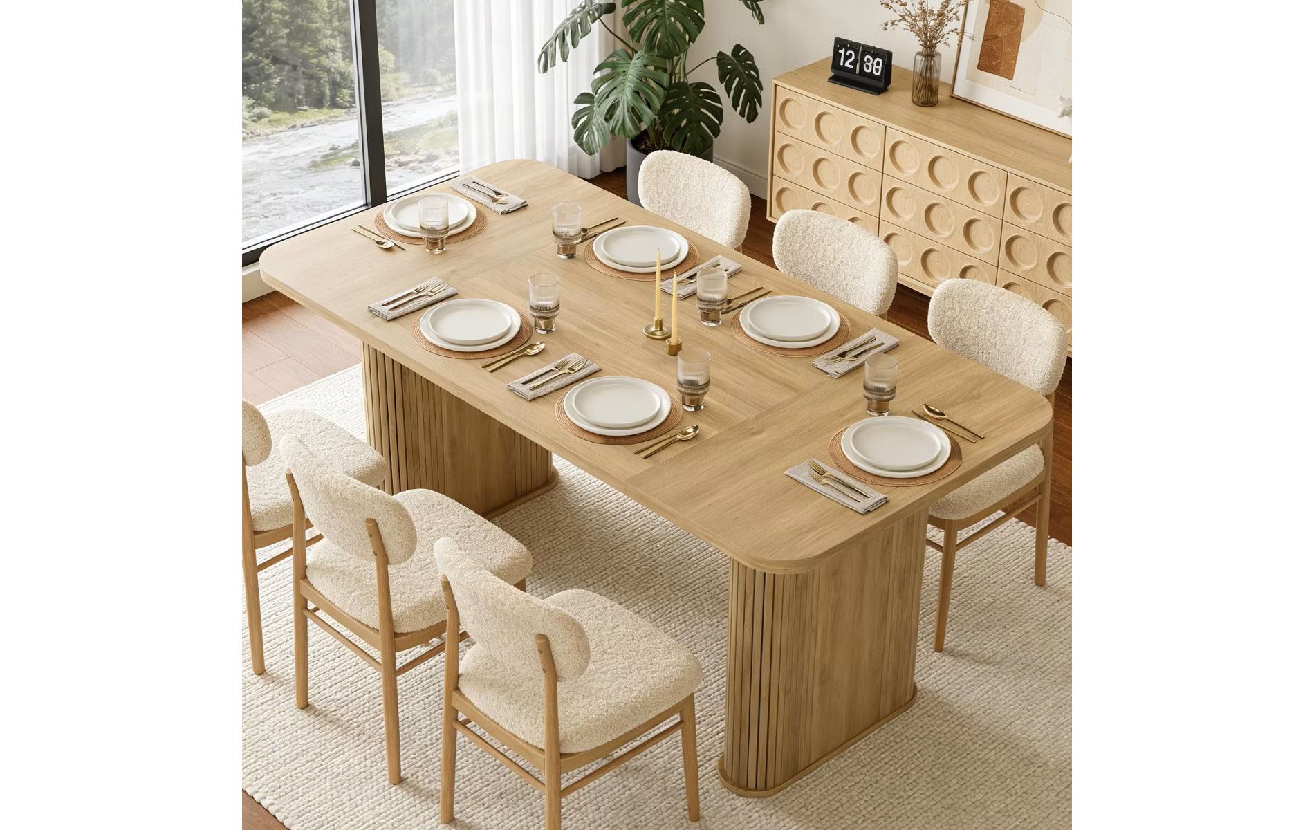 62" Long Dining Table for 4-6, Farmhouse Kitchen Table with Heavy Duty Fluted Base, Extra-Thickened Tabletop, for Dining Room, Office, Natural