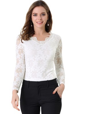 INSPIRE CHIC Women's Floral Embroidery Sheer Long Sleeves Lace Blouse