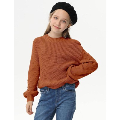 Girls Pullover Sweater Cable Knit Soft Comfy Sweater for Girls Crew Neck Sweater Puff Sleeve Ribbed Knit Cuff