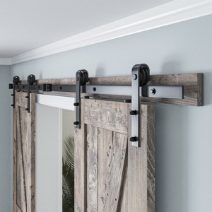 SMARTSTANDARD Interior Double Door Sliding Barn Door Hardware Kit, Heavy Duty Matte Black Track with J-Shape Hangers (Door Not Included) - 1 of 4