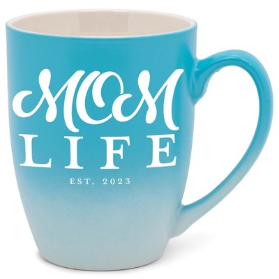 Elanze Designs Mom Life Est 2023 Two Toned Ombre Matte Pale Blue and White 12 ounce Ceramic Stoneware Coffee Cup Mug