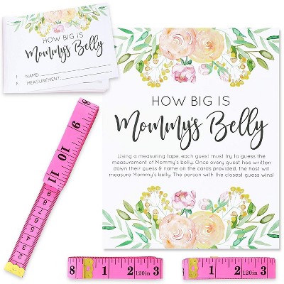 "How Big is Mommy's Belly", Guess Tummy Size Game Set Includes 24 Guessing Cards and 3 Pink Tapes for Baby Shower, Gender Reveal