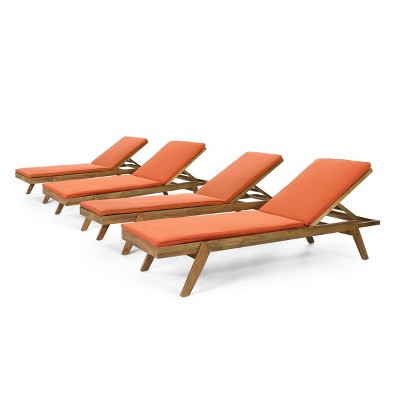 Caily 4pk Outdoor Acacia Wood Chaise Lounges with Cushions - Teak/Orange - Christopher Knight Home