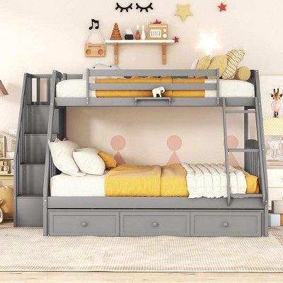 Streamdale Twin-Over-Full Bunk Bed with Drawers氓Ladder and Storage Staircase, Gray