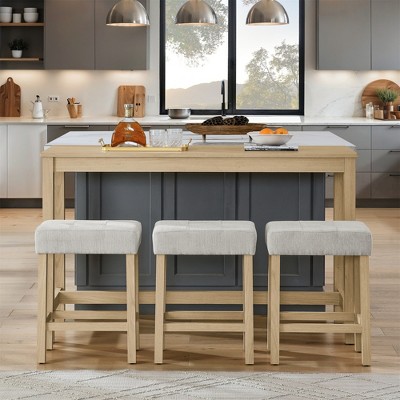 PDTEND 59" 4-Piece Dining Set with Power Outlet & 3 Upholstered Stools - For Kitchen, Living Room and Dining Room