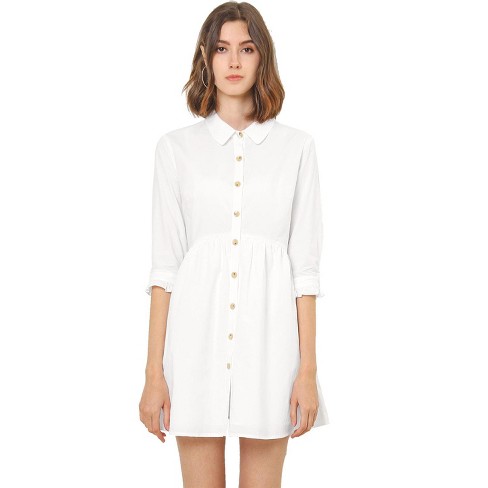 Allegra K Women's 3/4 Sleeve Button Front Flare Mini Shirt Dress White Large