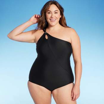 Lands' End Women's UPF 50 Full Coverage Tummy Control One Shoulder One Piece Swimsuit