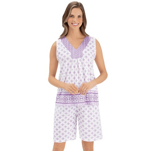 Collections Etc Border Print Pajama Top & Elastic Drawstring Shorts Set ...