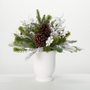 15.75"H Sullivans Artificial Christmas Pine White Berry Arrangement, Green-White, Indoor Christmas Decor - 1 of 4
