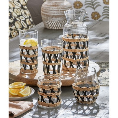 Island Collection Clear Glass Carafe with Black and Natural Woven Sleeve, 40 oz