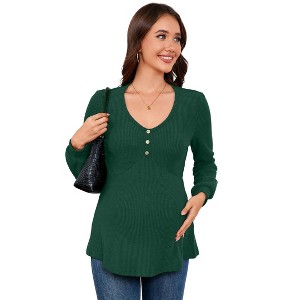 Coolmee Womens Maternity Tops Long Sleeve Pregnancy Tunic Blouses Button V Neck Ribbed Shirts Pregnant Clothes - 1 of 4
