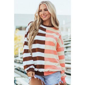 Brown Stripe Color Block Drop Shoulder Pullover Sweatshirt - 1 of 4