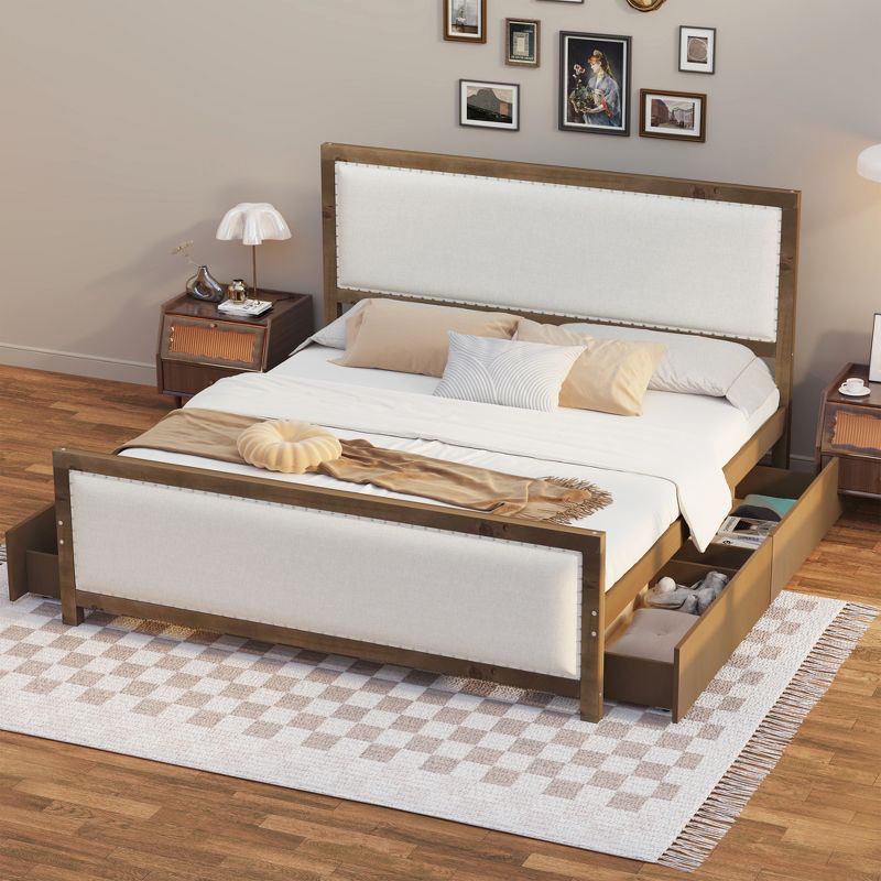 Queen/Full Size Upholstered Platform Bed with 4 Drawers, Beige-ModernLuxe, 2 of 13