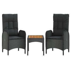 vidaXL 3 Piece Patio Lounge Set with Cushions Poly Rattan - Black - 1 of 4