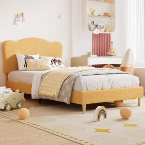 Twin Size Bed Frame for Kids with Scallop Headboard, Cute Velvet Twin Bed for Girls, Boys, Sturdy Platform Bed - 1 of 4