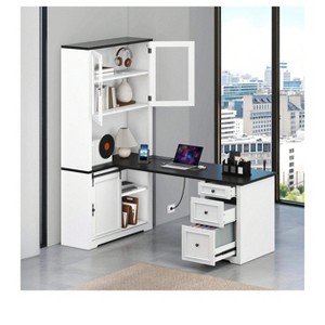 L-Shaped Farmhouse Executive Desk With Hutch & Drawers Wood Corner Computer Desk With Built-In Power Outlet - 1 of 4