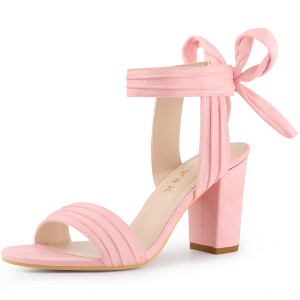 Allegra K Women's Back to College Faux Suede Open Toe Ankle Tie Back Chunky Heel Sandals - 1 of 4