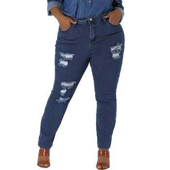 Agnes Orinda Women's Plus Size Distressed Zip Fly Mid-Rise Skinny Ripped Jean