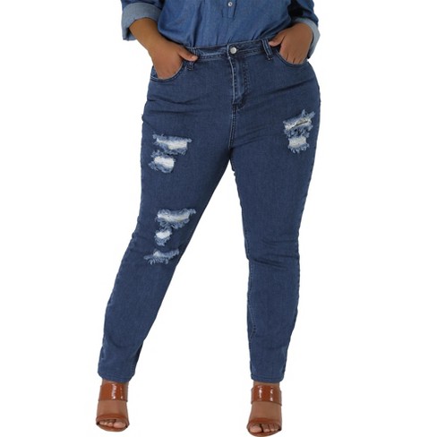 Agnes Orinda Women's Plus Size Distressed Zip Fly Mid-rise Skinny Ripped  Jean Navy Blue 2x : Target