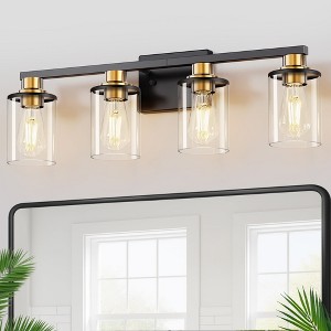 YANSUN 4 Light Black and Gold Vanity Light with Clear Tube Glass Shades for Bathroom Mirror E26 Base - 1 of 1