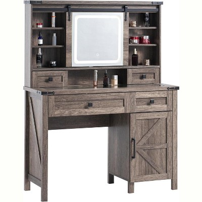 AMERLIFE 42'' Farmhouse Makeup Vanity Desk with Sliding Mirror and Lights