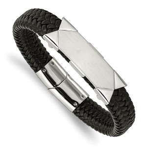 Black Bow Jewelry 13mm Stainless Steel Braided Black Leather I.D. Bracelet, 8.5 Inch - 1 of 4