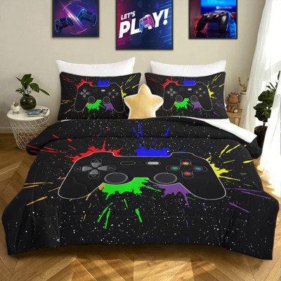 Boersma Black Video Game Comforter for Kids Game Controller Bedding Boy Bedroom Living Bed Decor (Full, 1 Comforter 2 Pillow Shams)