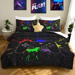 Boersma Black Video Game Comforter for Kids Game Controller Bedding Boy Bedroom Living Bed Decor (Full, 1 Comforter 2 Pillow Shams) - 1 of 4