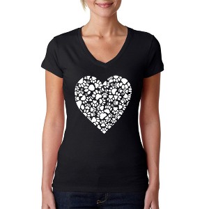 LA Pop Art Women's Word Art V-Neck T-Shirt - Paw Prints Heart - 1 of 4