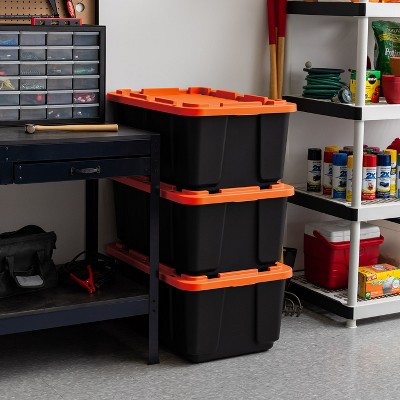 Heavy-Duty Black and Orange Stackable Plastic Storage Totes, 27 Gallons, 3 Pack
