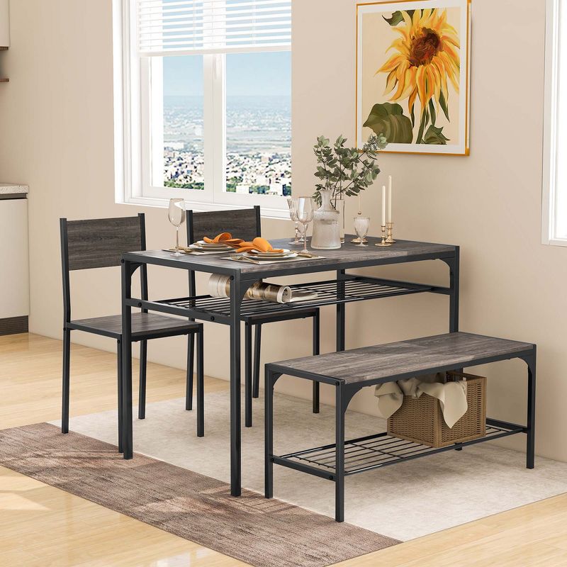 Costway Dining Table Set for 4 Rectangular Table with 2 Chairs, 1 Bench, Storage Racks Rustic Brown/Grey, 2 of 11