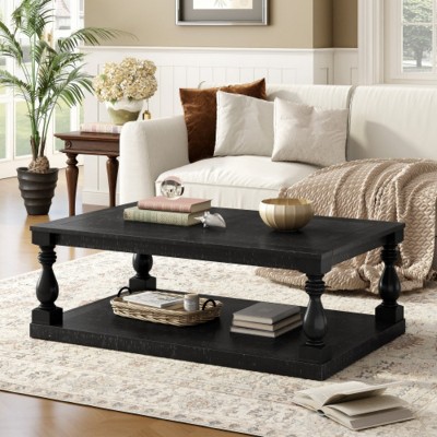 Vintage Coffee Table with Wood Legs, Pine Veneer Coffee Table, Storage Shelf Table for Living Room-Maison Boucle
