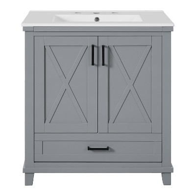 Vynxaria 30-Inch Gray Bathroom Vanity - Ceramic Sink, 2 Soft-Close Doors, Divided Drawer, Dual Shelves - Ideal for Small-Medium Bathrooms