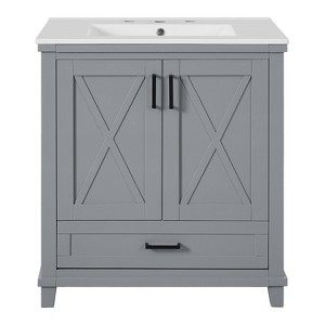 Vynxaria 30-Inch Gray Bathroom Vanity - Ceramic Sink, 2 Soft-Close Doors, Divided Drawer, Dual Shelves - Ideal for Small-Medium Bathrooms - 1 of 4